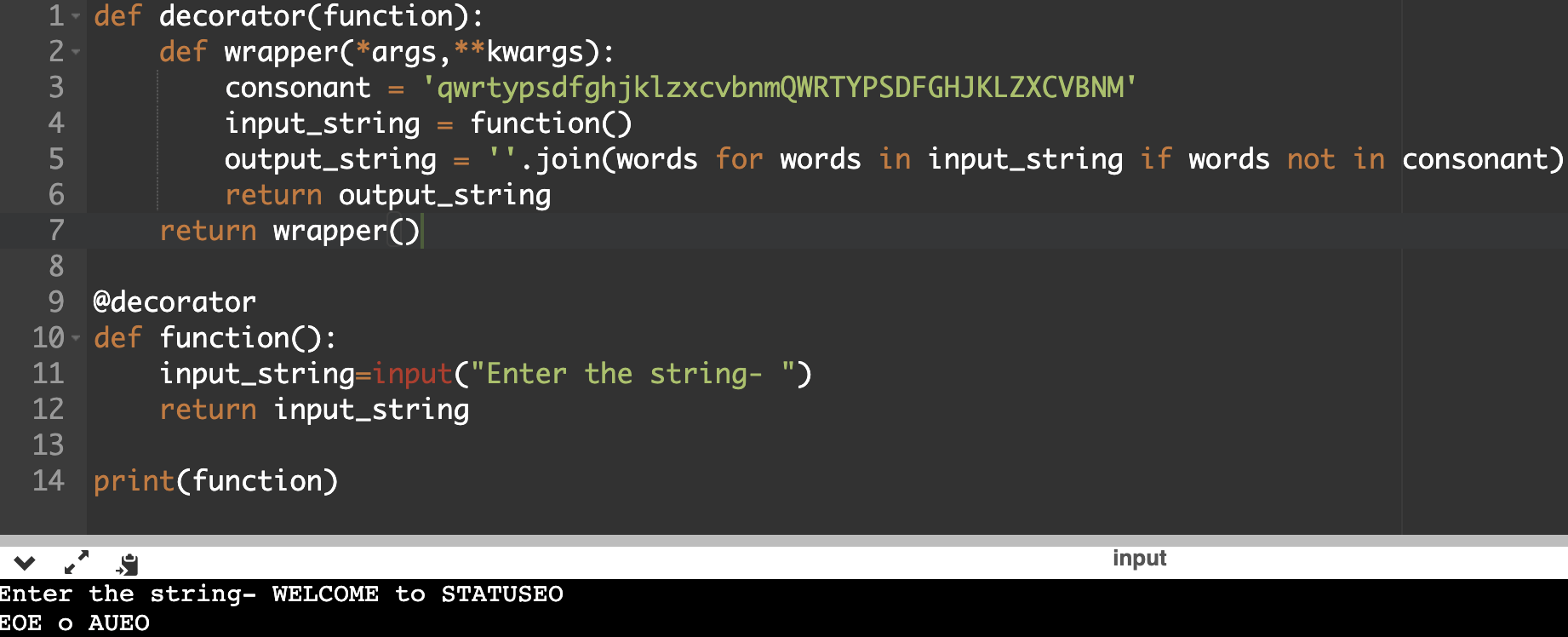 Python Program to return vowels in a string using Decorators - StatusNeo