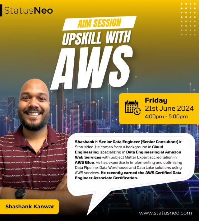 Level up your AWS game at our AIM Session this June 21st, 2024 (Tomorrow), 4:00 PM on MS Teams!Whether you're a cloud conqueror or a data dynamo, don't miss out on this opportunity to UP your skills with AWS.Let's make learning as fun as the cloud itself! 🌩️#AWS #AIMSession #StatusNeo #DontMissOut